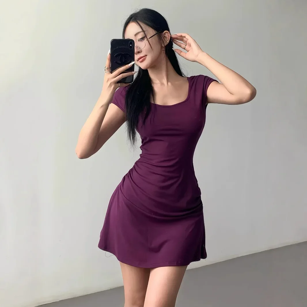 Nuovo stile francese slim fit viola gonna corta abito donna estate lavorata a maglia vita stretta piccante ragazza mini abito fibra di poliestere 3