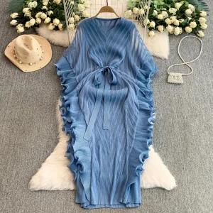 Abito slim sexy con scollo a V con fungo di albero commestibile a maniche lunghe Chic Vintage Evening Party Club Abiti lunghi da spiaggia estivi chic da donna 1