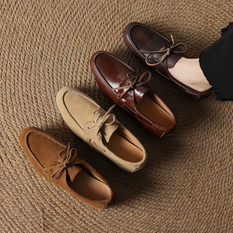 2025 nuova primavera scarpe da donna in vera pelle punta rotonda scarpe basse da donna per donna mocassini stringati retrò scarpe da donna di moda 4