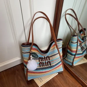 2025 Nuova borsa tote in tessuto arcobaleno - Borsa a tracolla da spiaggia bohémien con tracolla regolabile, borsa da vacanza di grande capacità 1