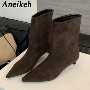 Aneikeh Autunno Moda di Alta Qualità Punta a punta Stivaletti vintage Sexy Sottile Tacco basso Donna Caldo Cavaliere Slip On Scarpe da festa 1