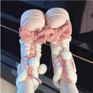 Belle ragazze Lolita Stivali da neve invernali a metà polpaccio, graziosi studentesse Bowknots Lace Up Zeppa Tacco Peluche Caldi Scarpe rialzanti 1