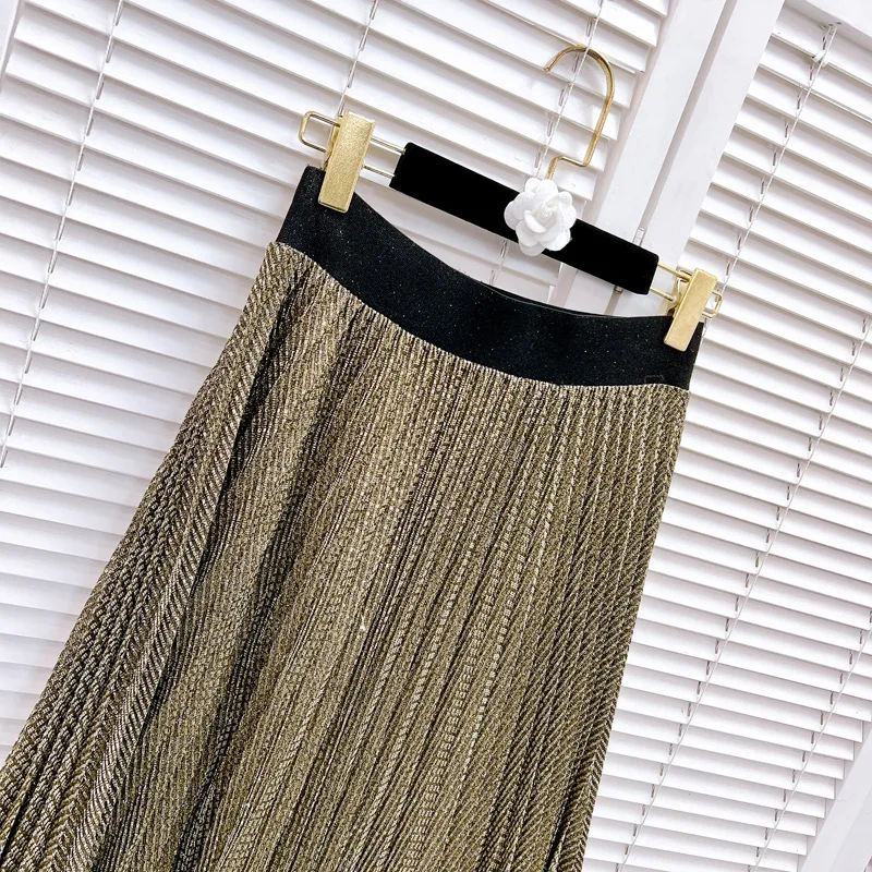 Francese Elegante High-End Bling Gonne a pieghe Elastico a vita alta A-Line Versatile Temperamento casual Gonna lunga Donna Estate 2025 5