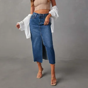 Combhasaki Donna Estate Y2K Vintage Retro Spacco frontale Elegante bottone a vita alta OL Slim Denim Midi Gonne con tasche Streetwear 1