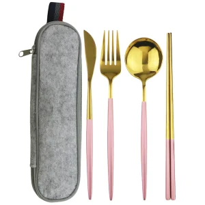 Set di stoviglie in oro rosa Set di posate da campeggio da viaggio coltello forchetta cucchiaio bacchette con borsa portatile Set di stoviglie in acciaio inossidabile 1