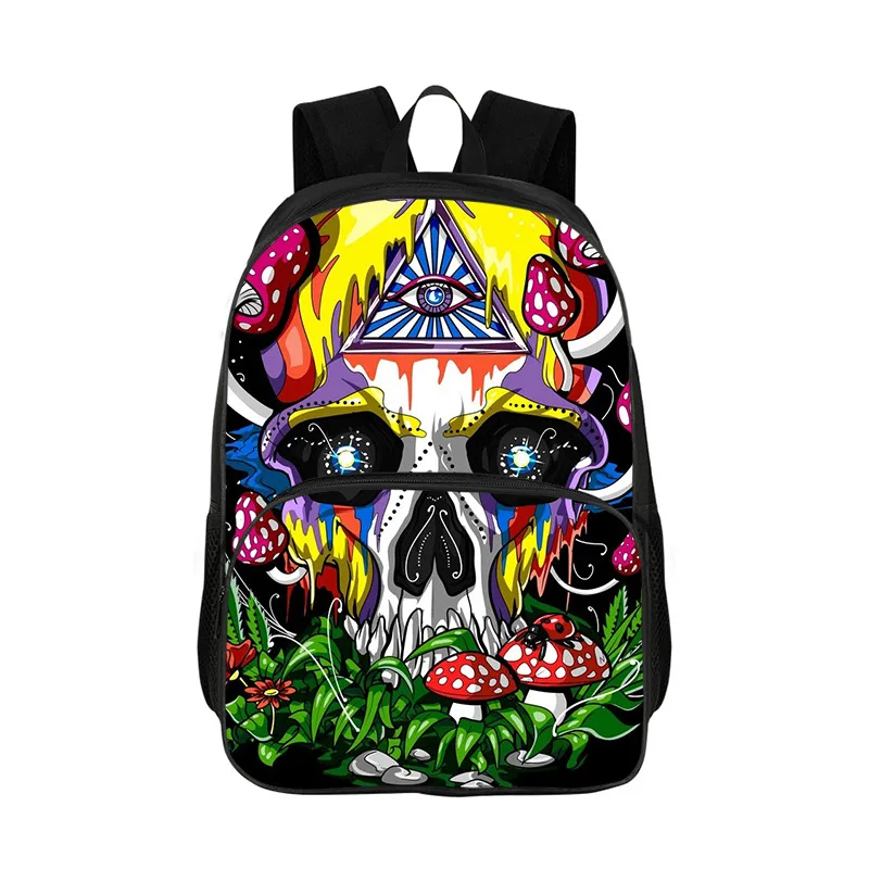 Zaino da studente ispessito a doppio strato da donna per uomo Zaino da scuola con funghi psichedelici magici e teschi per borsa moda maschile femminile 3