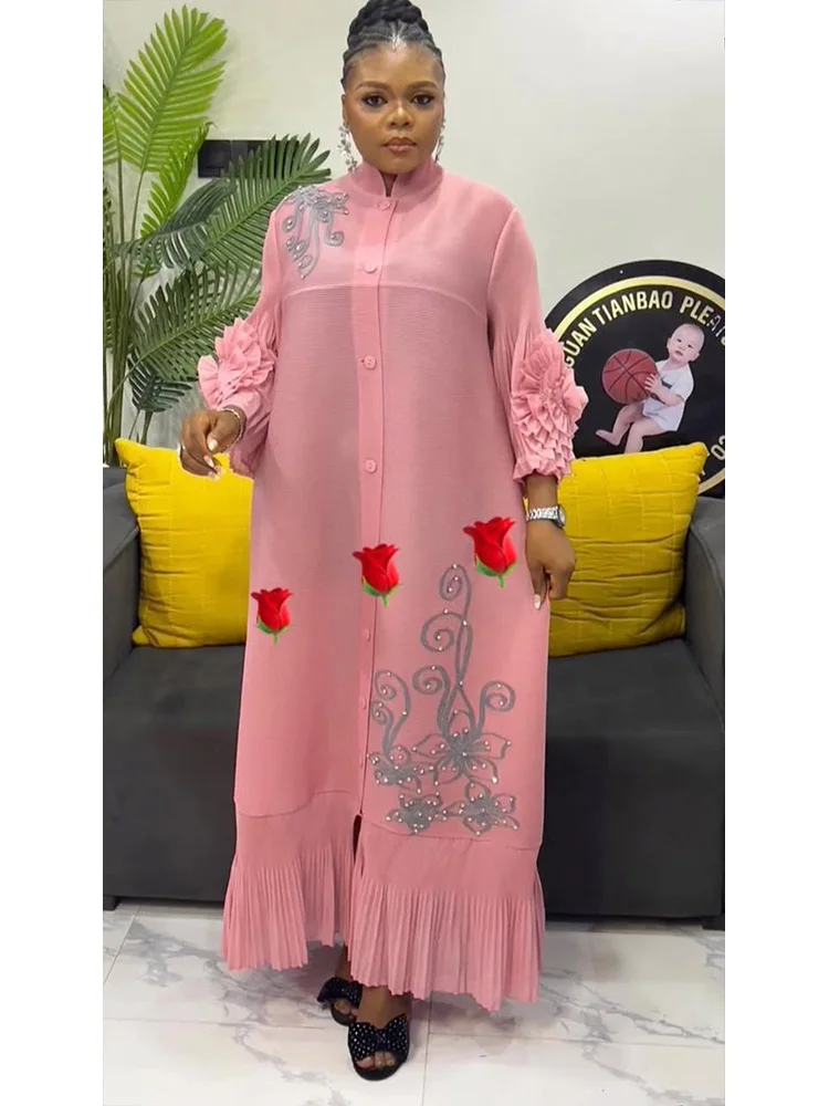 ANLAN Stampa di moda Abito lungo a pieghe Donna Risvolto Maniche floreali Design Monopetto Abiti a trapezio 2025 Estate Nuovo 5AN6018 2