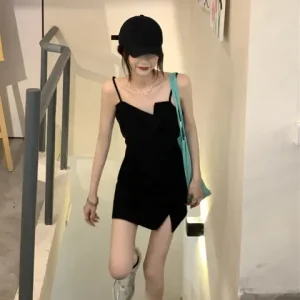 Mini abito sexy con cinturino diviso da donna taglia corta estate nuovo dimagrimento elegante piccolo abito nero gonna base sottosdress 1