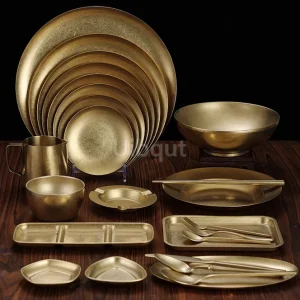 Piatto da pranzo rotondo rettangolare in metallo vintage dorato Piatto da dessert per patatine fritte da campeggio occidentale in acciaio inossidabile 1