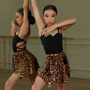 Bambino Vestito da ballo latino Vestiti per ragazze Body con lacci Sciarpa sui fianchi Gonna leopardata Set Cha Cha Rumba Samba Costume da allenamento per la danza 1