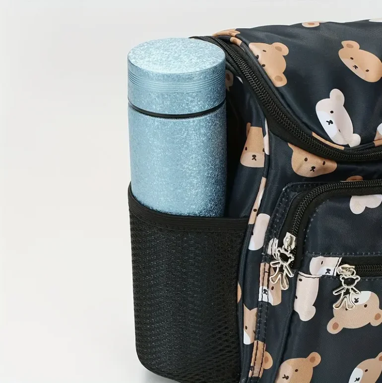 Spaziosa borsa per pannolini grande, borsa per pannolini beige di alta qualità con stampa di orsi carini | Borsa genitore a spalla e a tracolla per bottiglie, 5