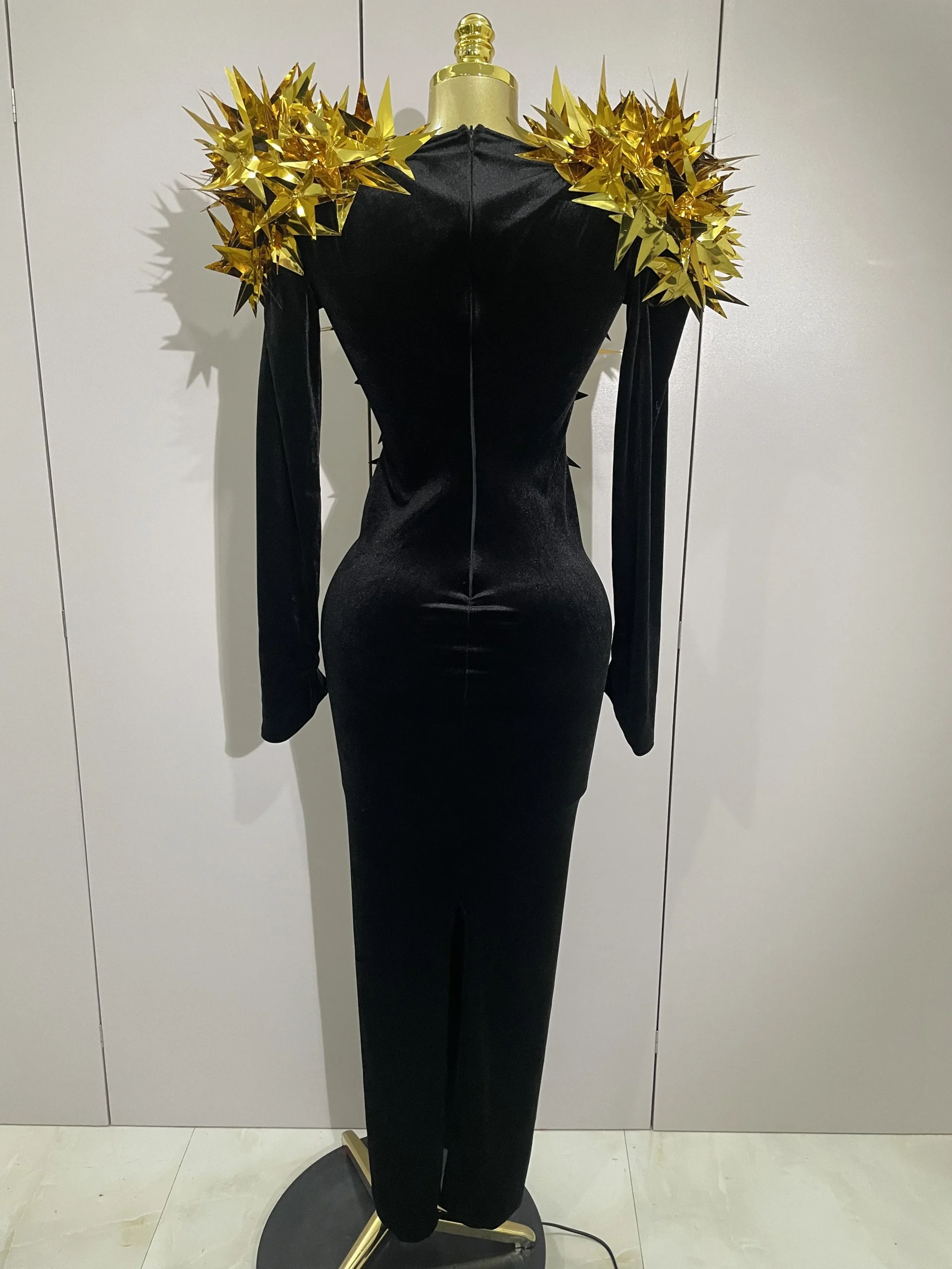 2025 Nuovo Shiny Gold Star Strass Velluto Abito lungo da donna Sera Festa di compleanno Club Gala Hosts NightClub Bar Costumi di scena 3