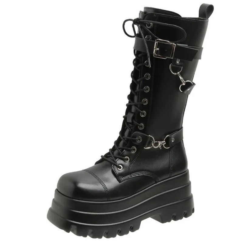 Plus Size 43 Autunno Donna Stivali Fibbia Punta tonda Zeppe Stivali con plateau Punk Goth INS Scarpe da strada da donna Stivali da combattimento per le donne 5