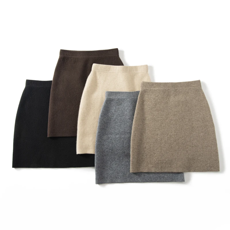 Minigonne da donna in cashmere Office Lady Gonna slim fit in vita elastica 100% cashmere lavorato a maglia semplice sopra il ginocchio Abito autunno inverno 1