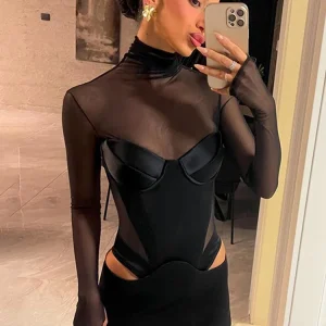 Trendix Mini abito a maniche lunghe in rete alla moda Club See Through Dolcevita Splice Hollow Body Dress Party Hot Girls Abito sexy 1