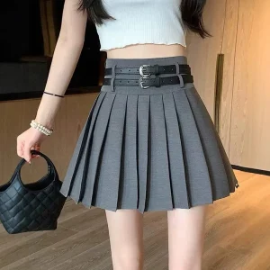 Gonna a pieghe con doppia cintura stile preppy Moda donna All Match Gonne corte a vita alta Donna Estate Y2K Gonna basic allentata Donna 1