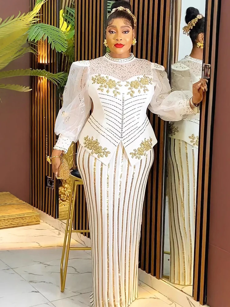 2025 Abiti da festa di lusso Donne eleganti Abito da sera da ballo di nozze Abito aderente a maniche lunghe Abito lungo con paillettes Dashiki africano 2