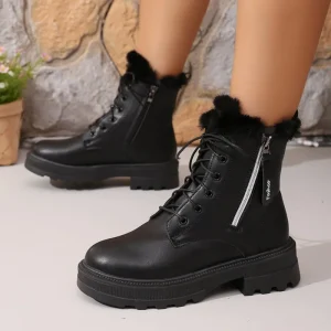 Stivaletti corti in peluche autunno inverno moda donna cerniera stivali da moto in pelle PU nera donna piattaforma stringata Botas Mujer 1