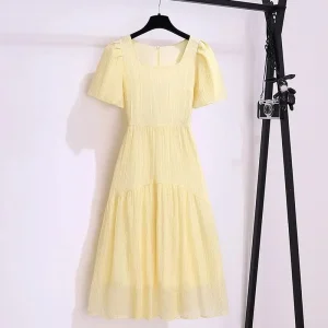 Abito francese da donna con colletto quadrato a bolle sottili Gonna piccola con temperamento che copre la pancia di fascia alta 1