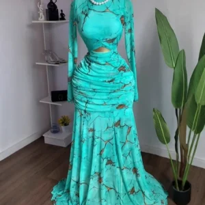 GLCMYAYA 2025 Autunno Donna O-Collo Manica lunga Stampa Sirena Maxi abito 2025 Sera Compleanno Spiaggia Sexy Night Party Abiti lunghi 1