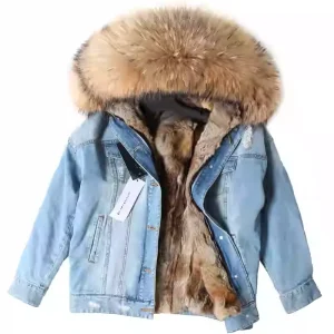 2025Maomaokong Giacca di jeans Parka Inverno Donna Parka Collo in vera pelliccia Cappotto Cappuccio in pelliccia di procione naturale Vera fodera in pelliccia di coniglio di lusso 1