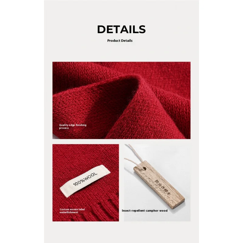 DWJ57 Sciarpa di lana di Capodanno Rosso Autunno Inverno Antivento Atmosfera calda Donna Versatile Scaldacollo lavorato a maglia in tinta unita 4