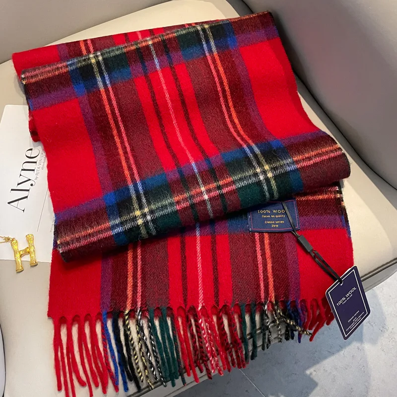 FNuova Anno Rosso 100% Lana Versatile Sciarpa scozzese da Donna Inverno Coppia da Uomo Cashmere Caldo Collo a doppia faccia 3