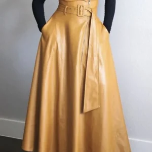 Gonna lunga in pelle PU da donna Beautyblue 2025 Nuove eleganti tasche a vita alta con gonne con cerniera a trapezio alla moda con cintura 1