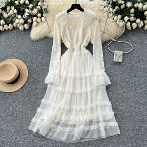 Chic vintage pizzo maglia manica lunga Elegante fata moda coreana autunno vestito estivo abbigliamento donna 1