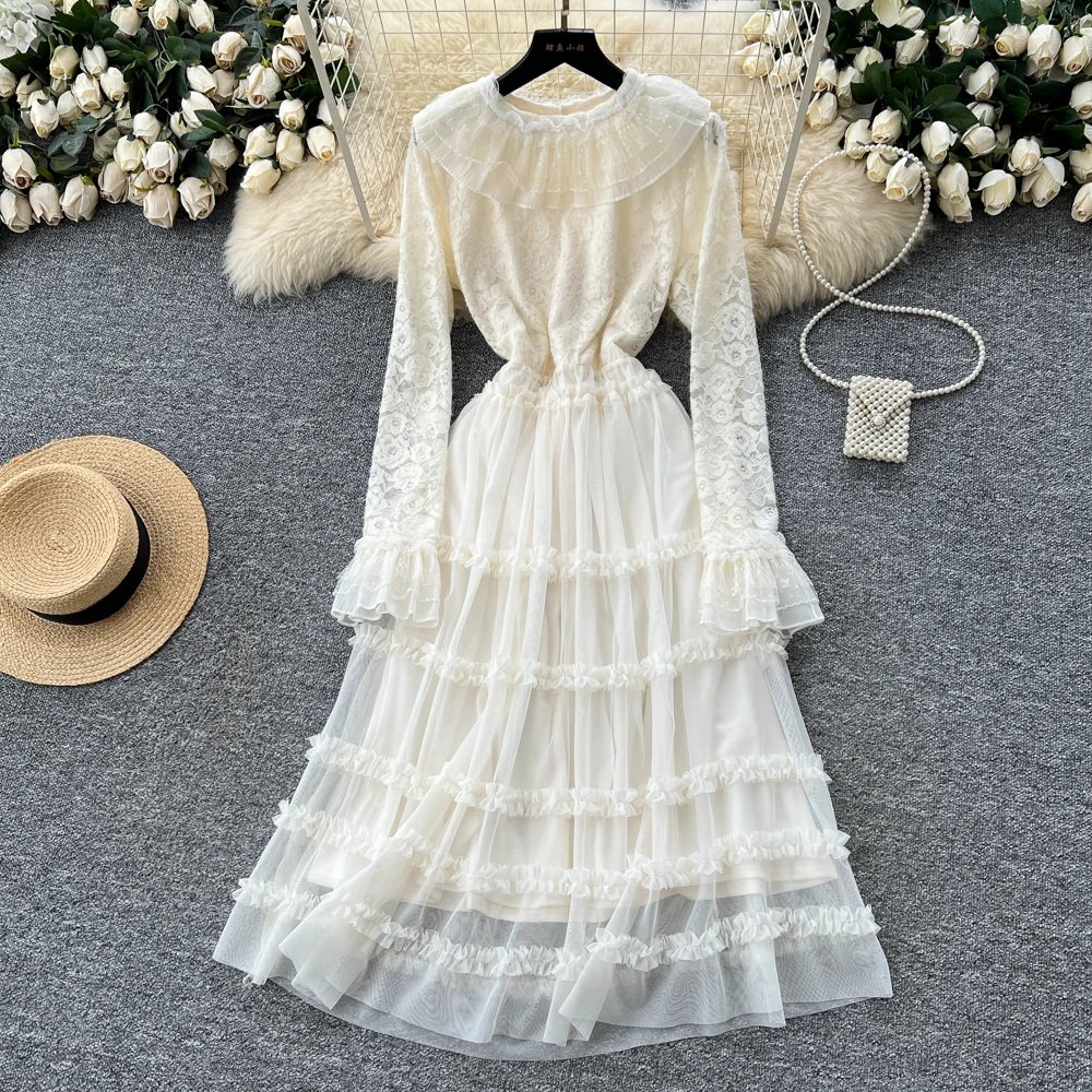 Chic vintage pizzo maglia manica lunga Elegante fata moda coreana autunno vestito estivo abbigliamento donna 1