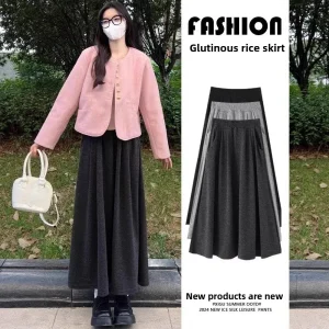 Gonna midi lavorata a maglia a vita alta con linea ad A dimagrante Gonna ombrello con noodle di riso per donna Primavera Autunno Nuovo stile taglie forti 1