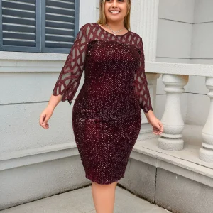 Abito da festa Plus Size Donna Midi Paillettes Maglia Manica lunga Pizzo Elegante Aderente L-4XL 5XL Abiti da sera Donna Estate 1