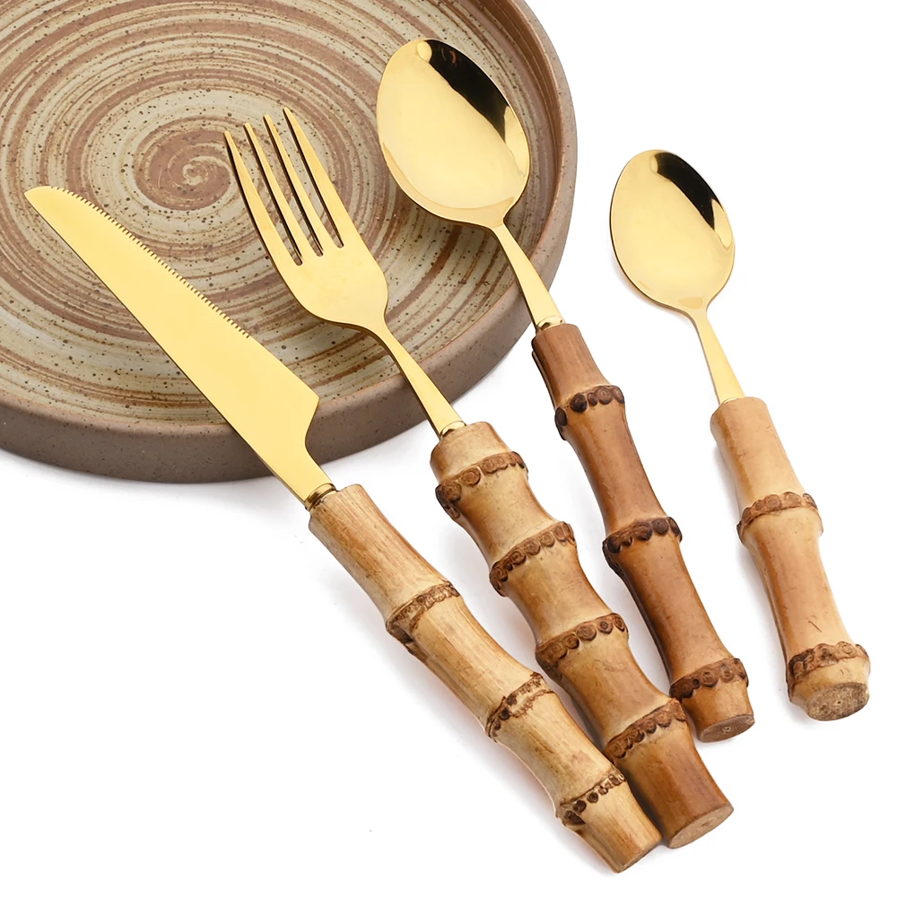 4/16/24/32 pezzi creativo manico in bambù naturale set di stoviglie set di stoviglie in acciaio inossidabile coltello da cucina forchetta cucchiaio set di posate 5
