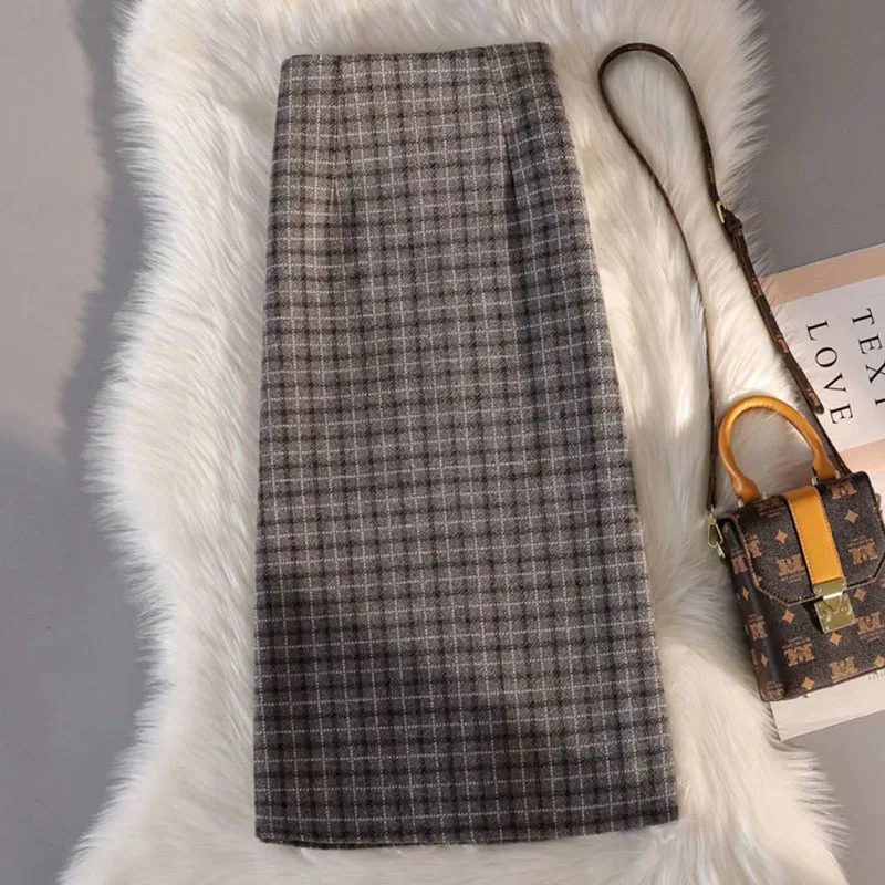 Gonna di lana ispessita autunno inverno per donna Gonne scozzesi vintage divise a vita alta Gonna lunga elegante con cerniera a trapezio femminile 2