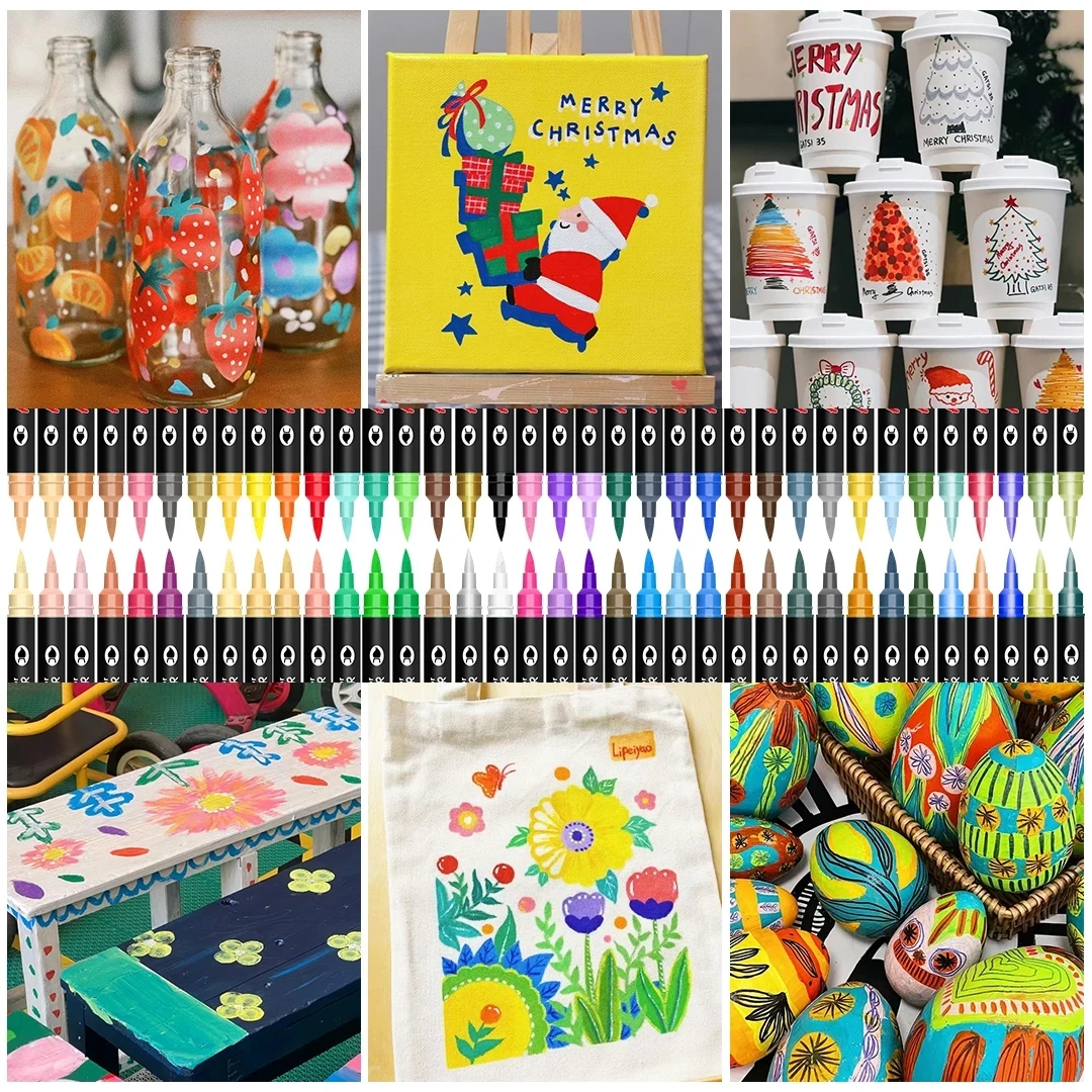 Pennarelli per vernice acrilica 24/48/72/144 colori, punte doppie a doppio colore per pittura su roccia, tela, vetro, ceramica, tessuto, plastica, pennello morbido 5