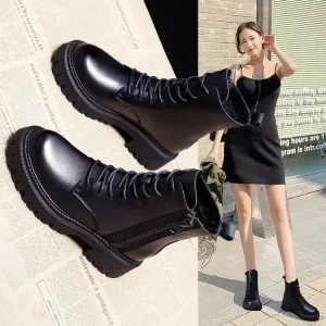 Autunno nuovi stivali di media lunghezza neri antiscivolo calzature alla moda stivali stringati moda scarpe casual con tacco spesso da donna Botas Zapatos 1