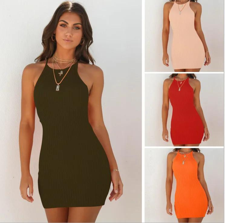 Mini abito primaverile sexy con spalle scoperte a costine Avvolgente abito aderente ZC2578 Fibra di poliestere Elegante tinta unita a vita alta S... 1