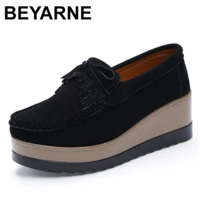 BEYARNEAutumn Della Piattaforma Delle Donne scarpe in pelle scamosciata peluche scivolare su scarpe da ginnastica chaussure donna della frangia della nappa mocassini donne shoesE027 1