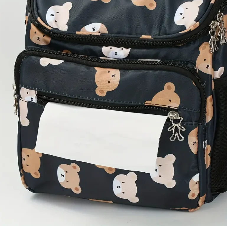 Spaziosa borsa per pannolini grande, borsa per pannolini beige di alta qualità con stampa di orsi carini | Borsa genitore a spalla e a tracolla per bottiglie, 3