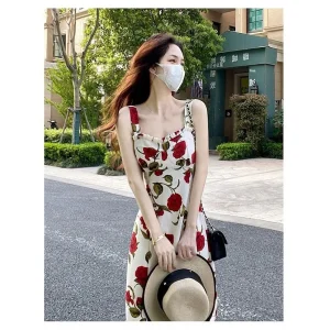 Abito longuette a trapezio con stampa floreale Abito estivo nuovo stile elegante da donna senza spalline Gonna lunga vintage francese per la pausa tè 1