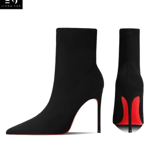 Stivaletti da donna invernali Fondo rosso lucido Calzini lavorati a maglia Stivali Autunno 2025 Stivali elasticizzati di nuova moda Donna sexy Tacchi alti Fem 1