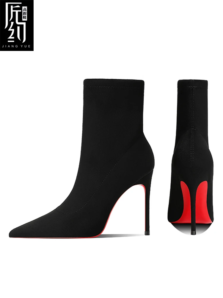 Stivaletti da donna invernali Fondo rosso lucido Calzini lavorati a maglia Stivali Autunno 2025 Stivali elasticizzati di nuova moda Donna sexy Tacchi alti Fem 1