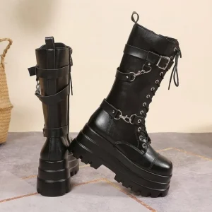 Plus Size 43 Autunno Donna Stivali Fibbia Punta tonda Zeppe Stivali con plateau Punk Goth INS Scarpe da strada da donna Stivali da combattimento per le donne 1