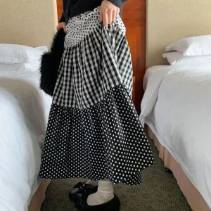 Gonna a pois a quadretti con blocchi di colore a strati patchwork retrò da donna 2025 autunno/inverno Edwardian casual e chic Lolita sk 1