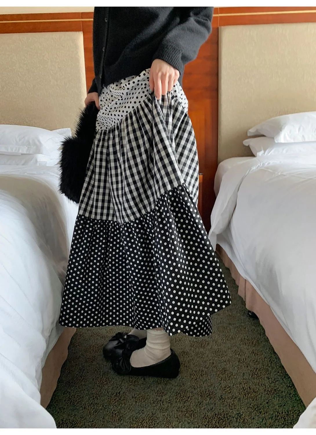 Gonna a pois a quadretti con blocchi di colore a strati patchwork retrò da donna 2025 autunno/inverno Edwardian casual e chic Lolita sk 1