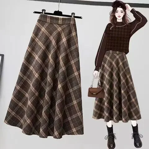 Gonna longuette scozzese stile americano Gonne a linea intera da donna plus Size Gonne lunghe dimagranti a vita alta Alla moda Primavera Autunno 1