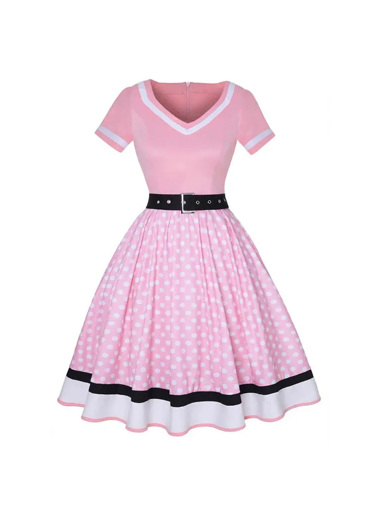 Abito plissettato vintage a maniche corte con scollo a V nero con cintura Abito da donna a pois anni '50 Abito estivo taglie forti 6