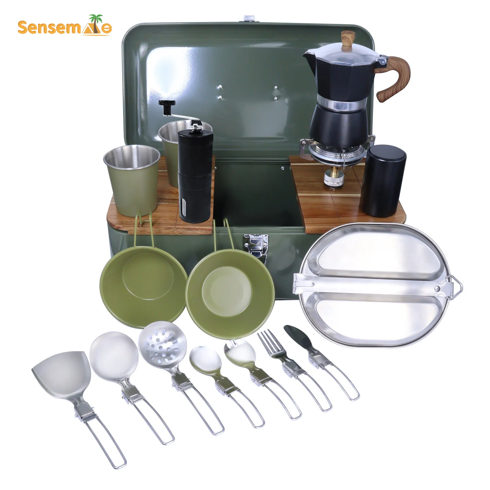 Kit da campeggio Set di posate da campeggio per 2 persone Set di posate da campeggio in acciaio inossidabile Scatola di posate portatile Kit di pentole da escursionismo leggero in scatola di metallo 6