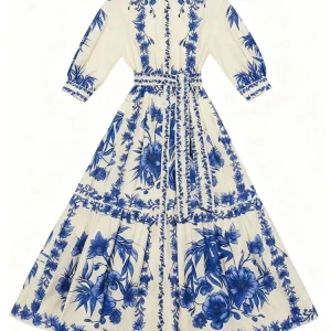 Bonboho Abito lungo da donna con stampa floreale blu Colletto a camicia Maniche lunghe Abito ampio con lacci in vita 2025 Abito da festa elegante 1