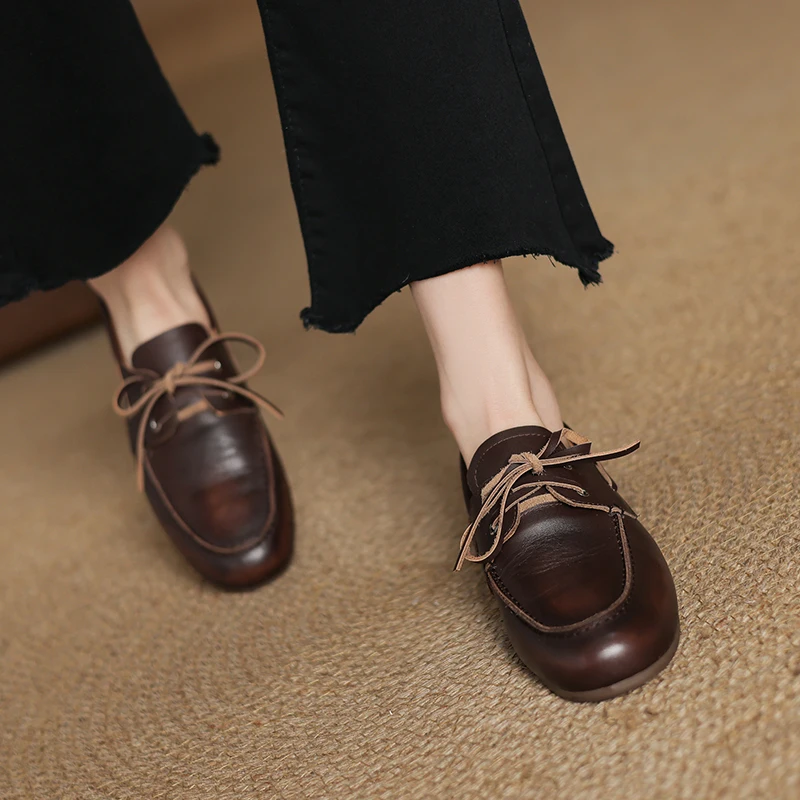 2025 nuova primavera scarpe da donna in vera pelle punta rotonda scarpe basse da donna per donna mocassini stringati retrò scarpe da donna di moda 3
